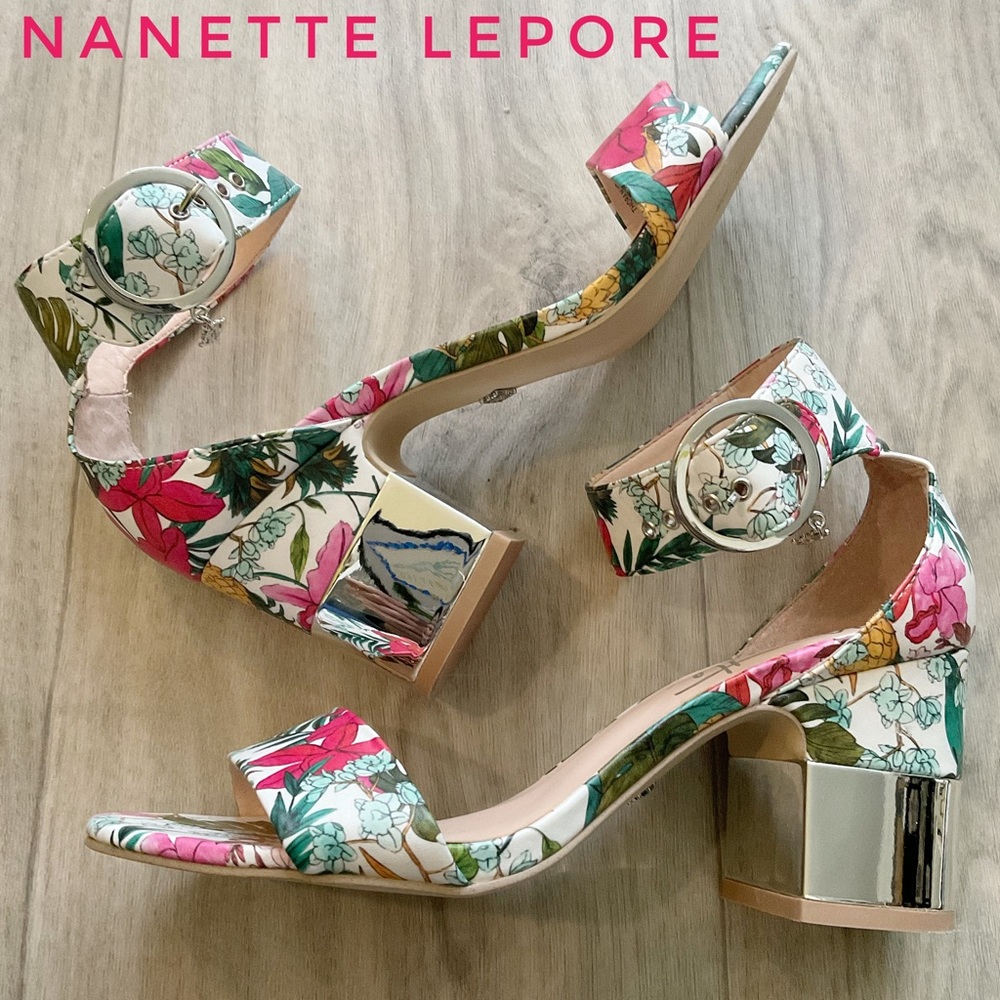 Nanette Lepore Block Heel Floral Ankle Strap Sandals Size 7.5 Multicolor